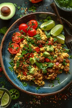 A plate of food with eggs, tomatoes, avocado, and limes arranged on a table. This dish showcases a refreshing salad incorporating plantbased ingredients in a delicious cuisine recipe