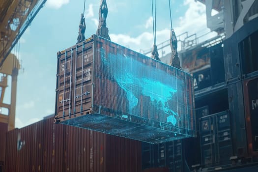 A container is being hoisted by a crane in a busy port, featuring a digital world map overlay. This image captures the essence of logistics and global transport.
