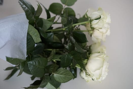 Bouquet of white roses on a white background close-up. flowers for valentine's day and march 8. High quality photo