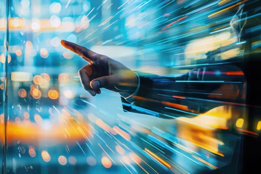 A dynamic image of a businessperson gesturing while presenting ideas, featuring a vibrant motion blur effect that symbolizes innovation and creativity.