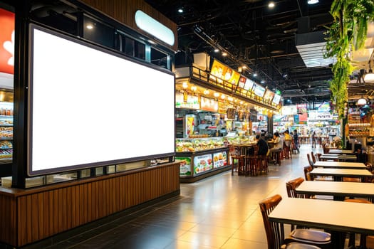 A spacious mall food court featuring an empty digital billboard, ideal for advertising. Bright, bustling atmosphere with diverse dining options awaits.