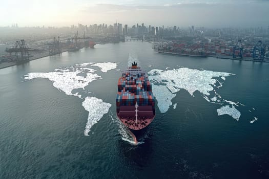 A stunning aerial view of a large container ship navigating through the sea, symbolizing global trade and maritime logistics against a city skyline.