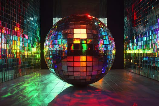 A vibrant disco ball reflecting multicolored lights in a nightclub setting, creating a lively ambiance perfect for parties and celebrations.