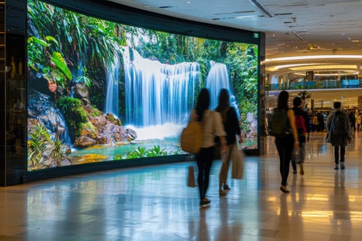 A modern shopping mall featuring a stunning digital display of a waterfall. The scene captures people walking through a vibrant, eco-friendly environment.