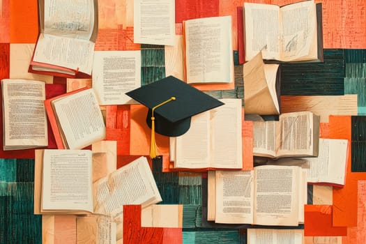 A vibrant collage featuring open books and a graduation cap, symbolizing achievement and education. Perfect for academic themes and celebratory moments.