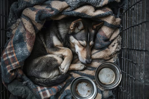 A homeless dog curls up in a cozy corner, wrapped in a soft blanket. The peaceful scene captures a moment of tranquility and warmth, highlighting the plight of stray animals.