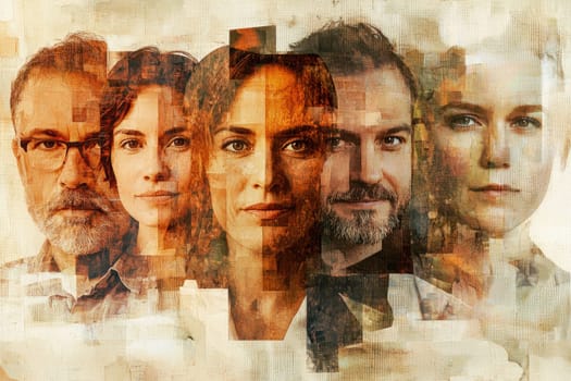 This artistic collage showcases diverse professionals in a creative overlay, emphasizing individuality and collaboration through unique facial expressions and styles.