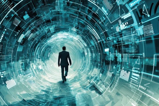 A businessperson walks confidently forward in a dynamic digital space, symbolizing progress and innovation in today's technological landscape.