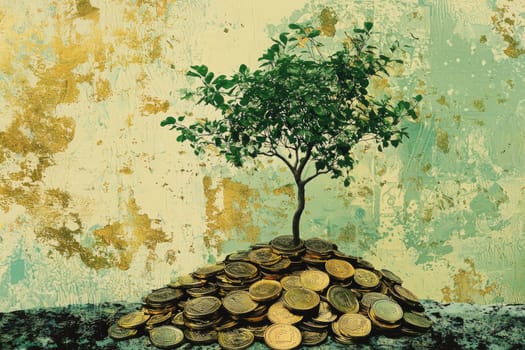 A vibrant collage depicting a tree growing from a pile of coins, symbolizing financial prosperity and the fusion of nature and wealth. Perfect for concepts of growth and investment.