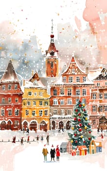 Charming winter town square with Christmas tree, snow, and festive market.