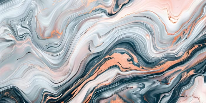 Fluid abstract art with peach and blue swirls and waves, mesmerizing marble texture