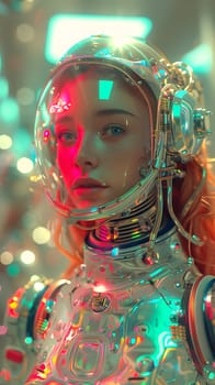 A woman is donning a space suit and helmet made of transparent material, with liquidlike textures in electric blue and magenta, creating an artistic and futuristic look