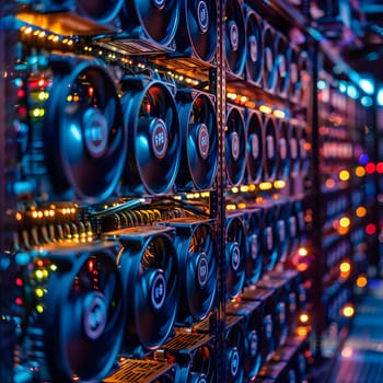A row of electric blue computer fans circled around in the server room, showcasing a blend of engineering and technology