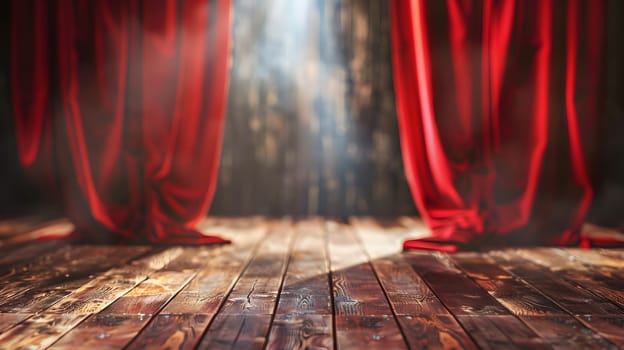 A stage with red curtains, spotlight, and dramatic ambiance sets a theatrical mood