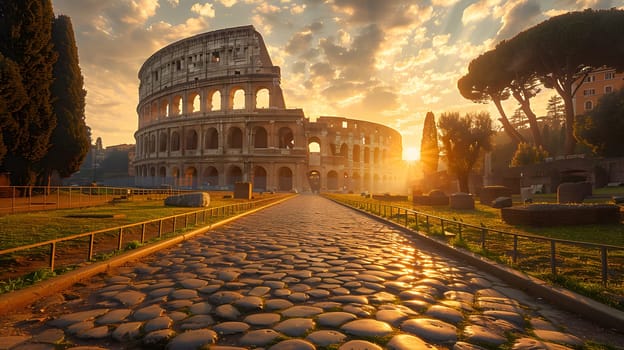 Early morning sunlight over the Colosseum, ancient Roman architecture in Rome, Italy