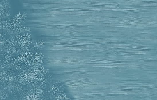Abstract monochrome background with a fir branch on a wooden panel with an empty space for text top view