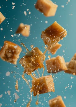 Caramel cubes dripping with sweet syrup as they fall, sprinkled with salt