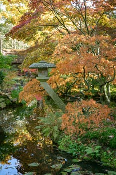 A serene autumn landscape features vivid foliage in a Japanese Garden. A calm pond reflects colorful leaves, creating a peaceful and harmonious atmosphere. Perfect for nature and zen-themed concepts