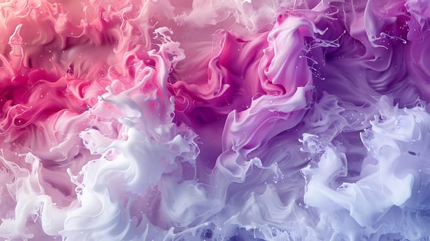 A close up of plantbased pink, purple, and blue ink swirling in water, creating a beautiful violet and magenta pattern reminiscent of a floral petal art event