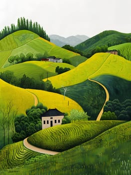 Scenic hillside path with vibrant greenery and houses in the countryside