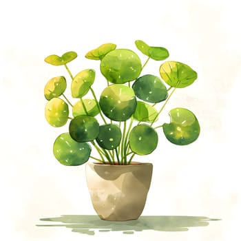 A houseplant with green leaves in a flowerpot on a white table. The terrestrial plant is placed in a glass vase, adding a touch of nature to the room