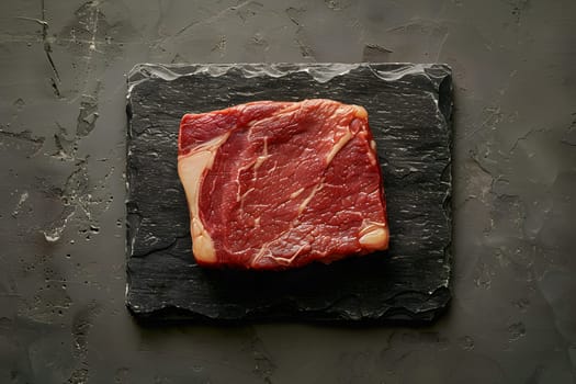 A piece of raw red meat, an animal product, is placed on a black slate cutting board. This ingredient can be used in various recipes for cooking delicious dishes in different cuisines