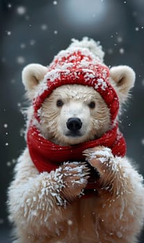 A carnivore organism, the polar bear, is standing in the snow wearing a red hat and scarf. Its fur keeps it warm in the cold, snowy environment