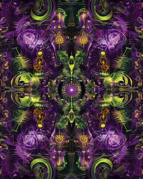 Vivid psychedelic art with intricate patterns, vibrant purple and green hues.