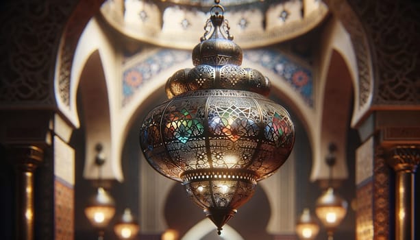 A detailed photograph showcasing the elaborate and exotic designs of a Moroccan style chandelier hanging from a buildings ceiling.