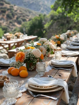 An elegant table set with food, tableware, and flowers. The long wooden table showcases a variety of dishes, plates, and utensils, creating a beautiful and inviting display for a delicious cuisine