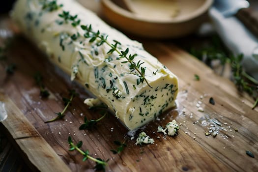 A roll of herb butter garnished with fresh herbs on a rustic wooden board
