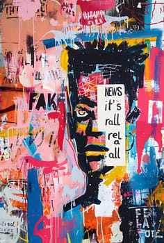 Modern urban street art portrait featuring vivid colors and textual elements