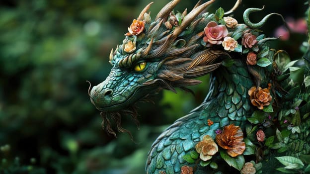 The dragon features intricate scales and vibrant floral decorations, blending harmoniously with the surrounding foliage. Sunlight filters through the trees, enhancing the enchanting atmosphere.