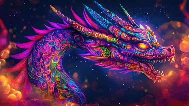 A stunning dragon with elaborate patterns and bright colors emerges from a mystical background, radiating an otherworldly glow.