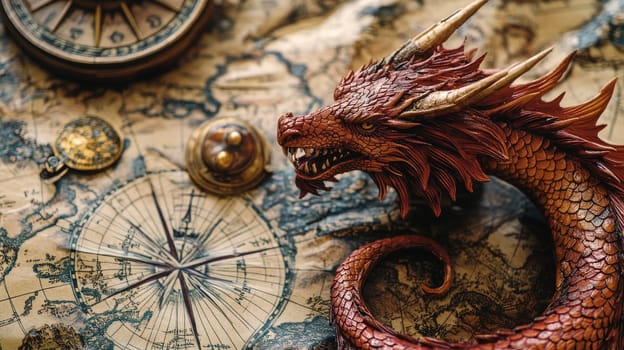 The dragon figurine, intricately crafted, lies on a vintage map filled with geographic features and navigational tools, evoking a sense of adventure and exploration.