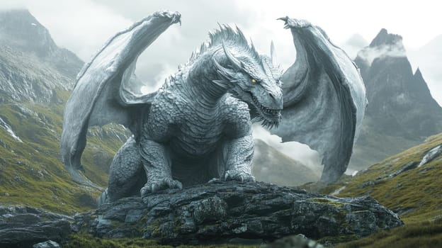A colossal dragon with shimmering scales sits atop a rocky ledge, surrounded by mist and towering mountains. The early morning light highlights its majestic wings and fierce gaze.
