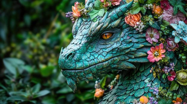 The dragon sculpture, intricately designed with textured scales, is embellished with vivid flowers. It rests amidst lush foliage, creating a whimsical atmosphere in the garden.