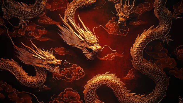 Four intricately designed golden dragons weave through rich red clouds, showcasing their majestic forms and fierce expressions, evoking a sense of power and grandeur typical in traditional art.