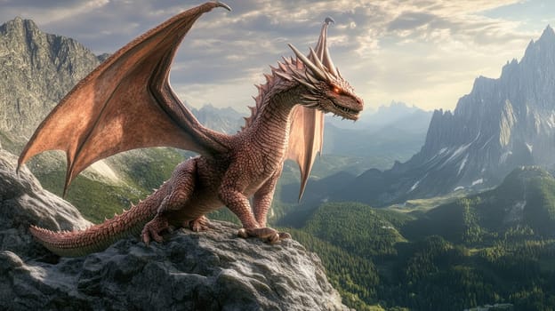 The dragon stands proudly on a cliff, its wings spread wide, gazing over a verdant valley surrounded by majestic mountains as the sun sets in the background, casting a warm glow.