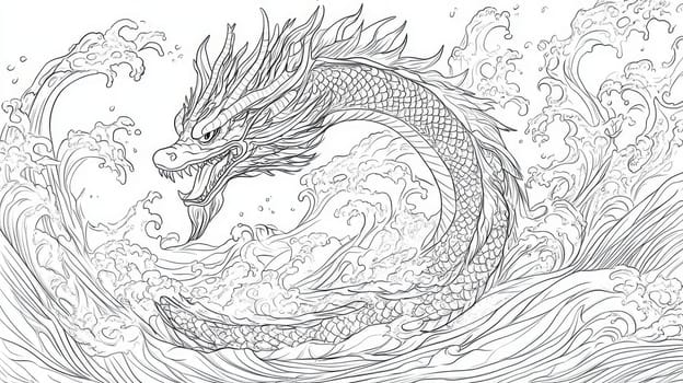 A detailed line drawing portrays a powerful dragon rising from turbulent ocean waves, showcasing its fierce features and majestic scales in a dynamic design.