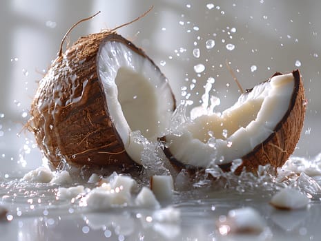 A coconut, a versatile ingredient in cuisine, being splashed with water on a table for a macro photography or still life photography shot