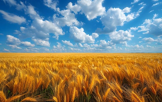 A picturesque landscape of a Khorasan wheat field under a blue sky with fluffy clouds, surrounded by lush grassland, showcasing the beauty of agriculture and nature
