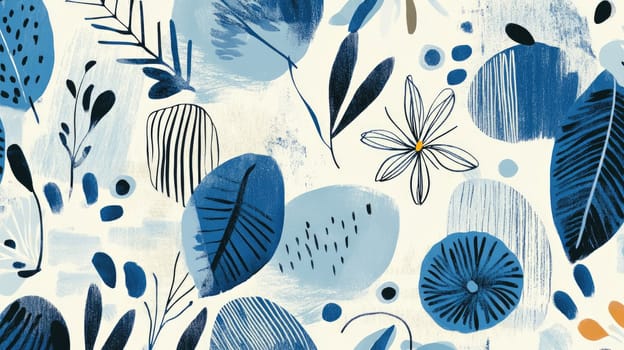 This vibrant design features a plethora of blue leaves and flowers against a light backdrop. The composition showcases various shapes and textures, creating a lively and cheerful atmosphere.