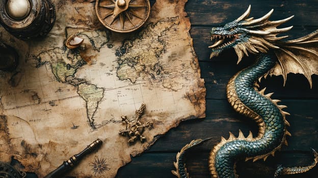 An antique world map is spread out on a wooden table, accompanied by a beautiful dragon figurine, compass, and decorative compass rose, creating a captivating and adventurous atmosphere.