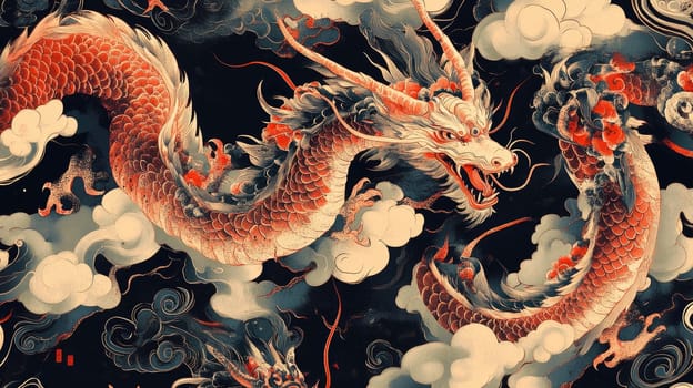 The striking image showcases a powerful dragon coiled among swirling clouds, illustrating a classic depiction of strength and beauty in traditional artwork, conveying a sense of majesty and mystique.