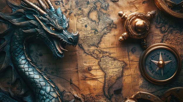 A detailed dragon sculpture rests beside a vintage map depicting the Americas, accompanied by an ornate compass, evoking a sense of adventure and discovery in a mystical atmosphere.
