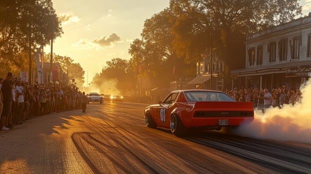 Powerful sports cars race through city streets at sunset, leaving a trail of smoke, thrilling spectators with high speed action