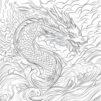 A detailed dragon gracefully weaves through energetic waves, showcasing its powerful presence amidst a stormy atmosphere. The depiction highlights its majestic features and fluid motion.