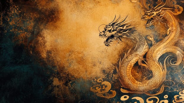 A majestic golden dragon winds through swirling clouds against a rich textured background.