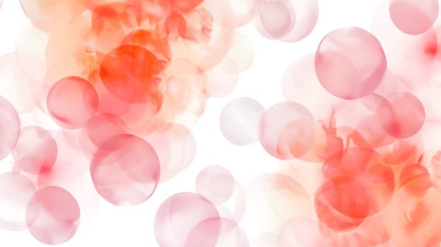 Abstract red and pink bubbles floating on a white background, soft and dreamy.